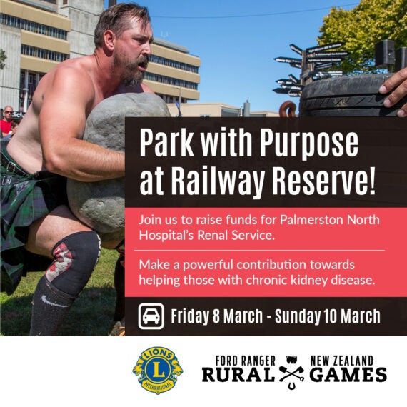 Man lifting a large rock with a text overlay with parking details.