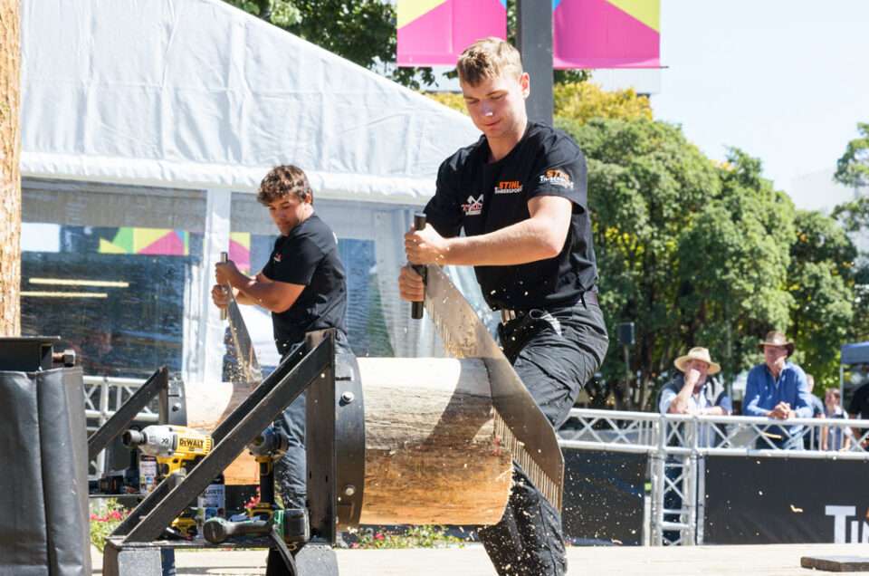Two Timbersports competitors sawing logs