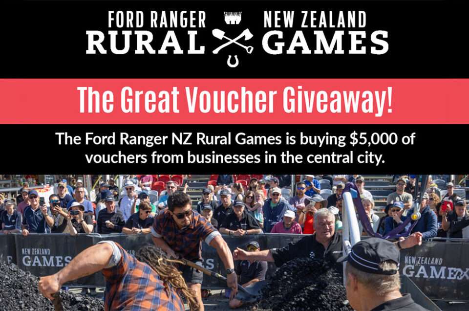 Four Rural Games competitors shovelling coal with overlay text that reads, "Ford Ranger New Zealand Rural Games. The Great Voucher Giveaway! Thr Ford Ranger NZ Rural Games is buying $5,000 of vouchers from businesses in the central city.