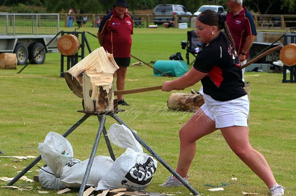 Ruby Rasmussen in action with the axe