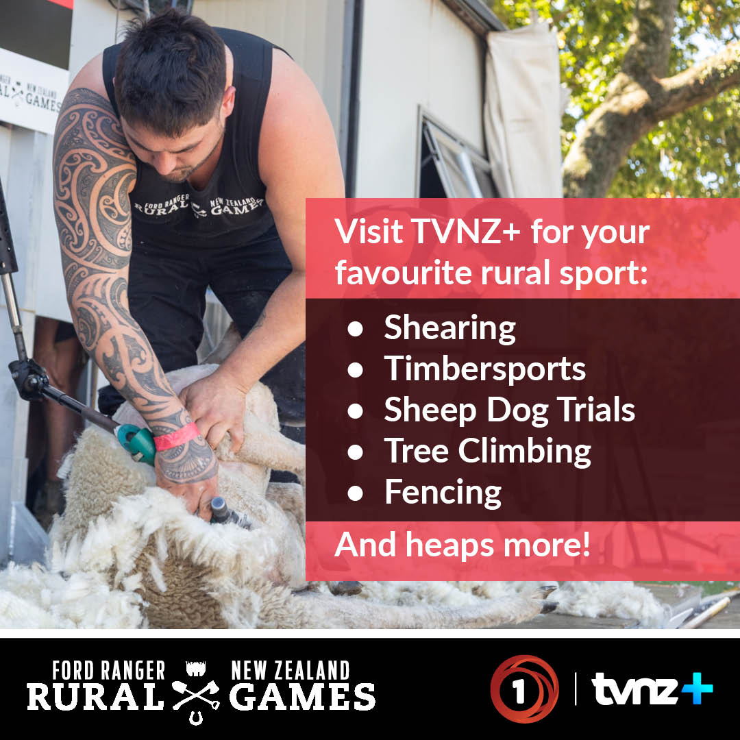 A Highland Heavies competitor at the Rural Games with overlay text that reads, "The 1-hour highlight programme. 4pm on Easter Saturday, 4th April 2026. The Rural Games and TVNZ+ logos are shown in the footer.